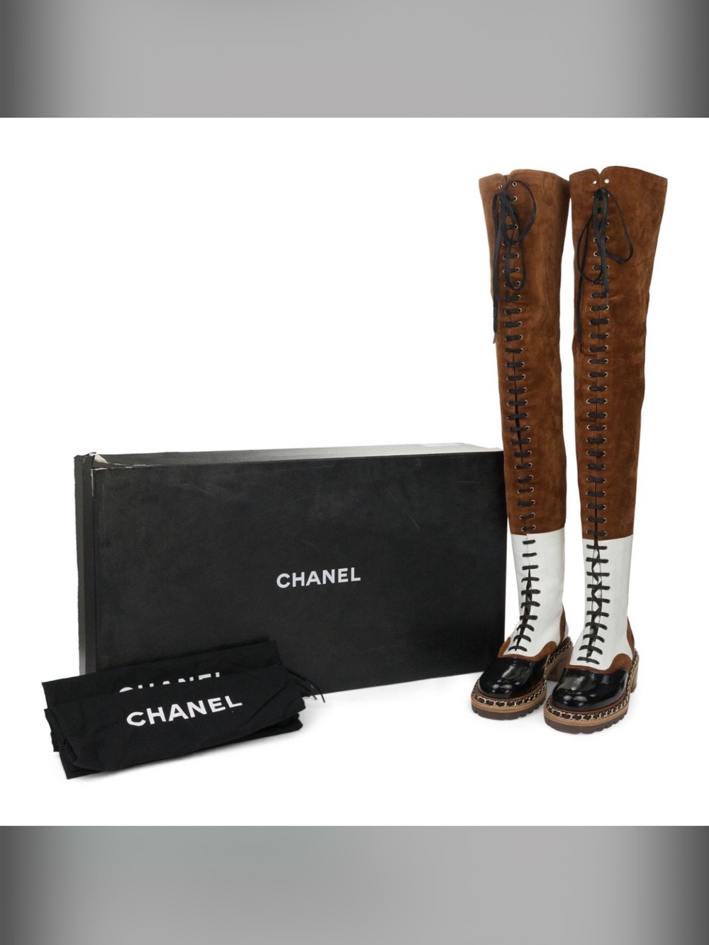 CHANEL Brown Suede, White & Black Lace-Up Over-the-Knee Boot…BNIB…NEVER WORN - Picture 8 of 10